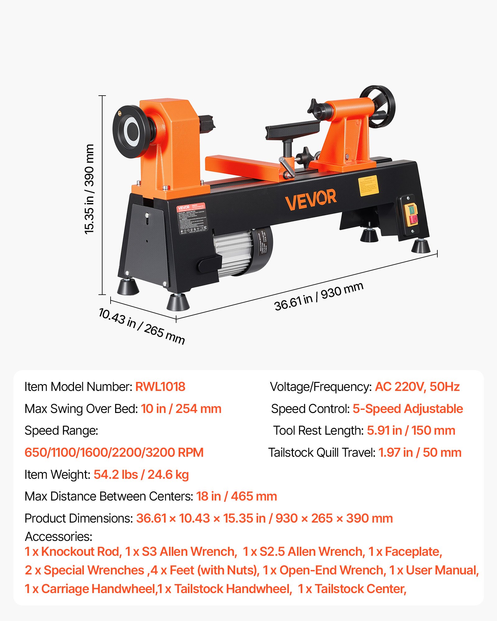 VEVOR Houtdraaibank 254 x 465 mm 1/2 HP Tafeldraaibank met 5 snelheidsinstellingen, voor beginners en hobbyisten, met thermische beveiliging, robuust metalen frame en complete accessoire set voor zacht- en hardhout.