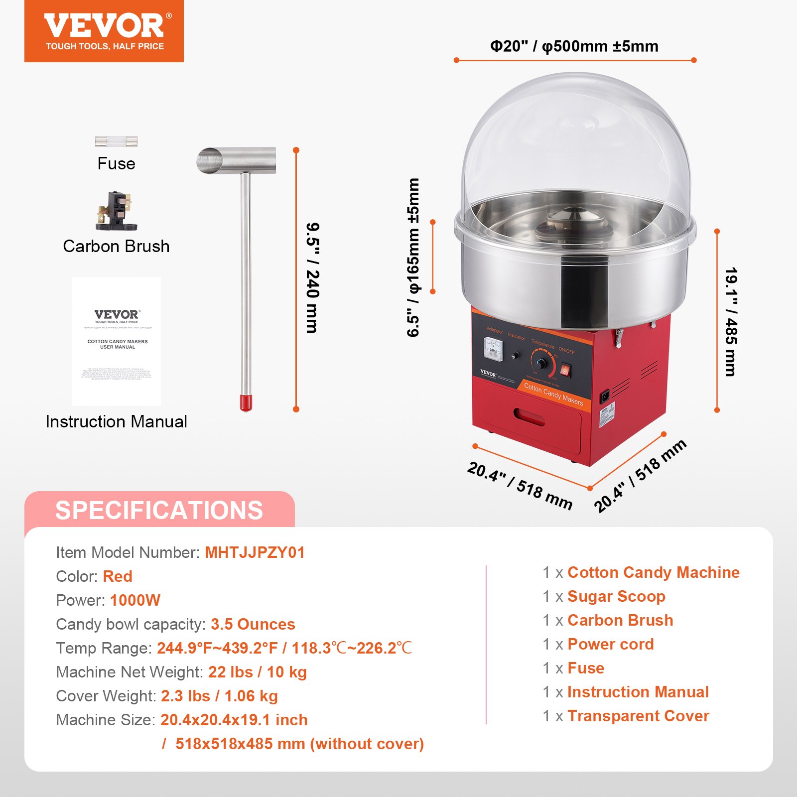 VEVOR Elektrische Suikerspinmachine, 1000W Suikerspinmachine, Commerciële Suikerspinmachine met Deksel, RVS Kom, Suikerschep, Lade, Perfect voor Familiefeestjes, Rood