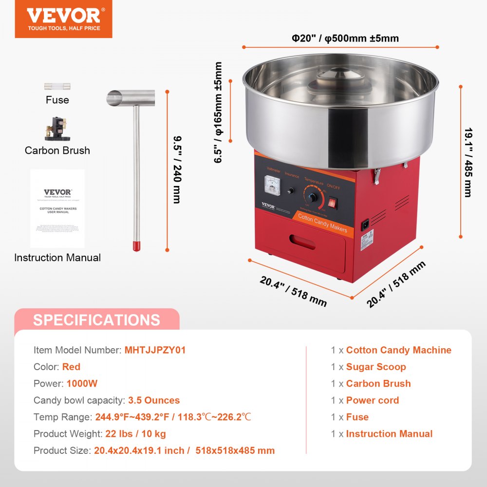 VEVOR Elektrische Suikerspinmachine, 1000W Suikerspinmachine, Commerciële Suikerspinmachine met RVS Kom, Suikerschep en Lade, Perfect voor Familiefeesten, Rood