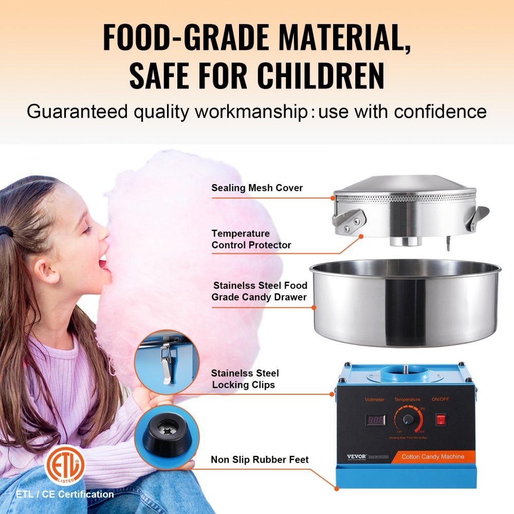 VEVOR Elektrische Suikerspinmachine, 1000W Suikerspinmachine, Commerciële Suikerspinmachine met RVS Kom & Suikerlepel, Perfect voor Kinderfeestjes thuis, Familiebijeenkomsten (Blauw)