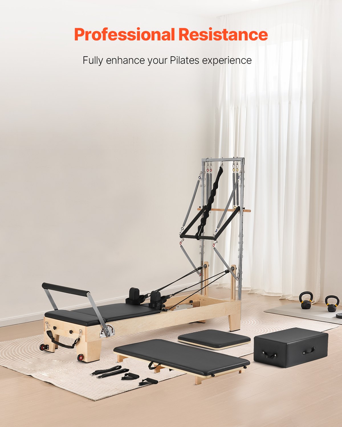 VEVOR Pilates Reformer, Wooden Pilates Machine for Home Gym Studio, Strength Training Workout Equipment with Dual Resistance, Reformer Box, Jump Board, for Advanced Users and Beginners, Up to 400 LBS