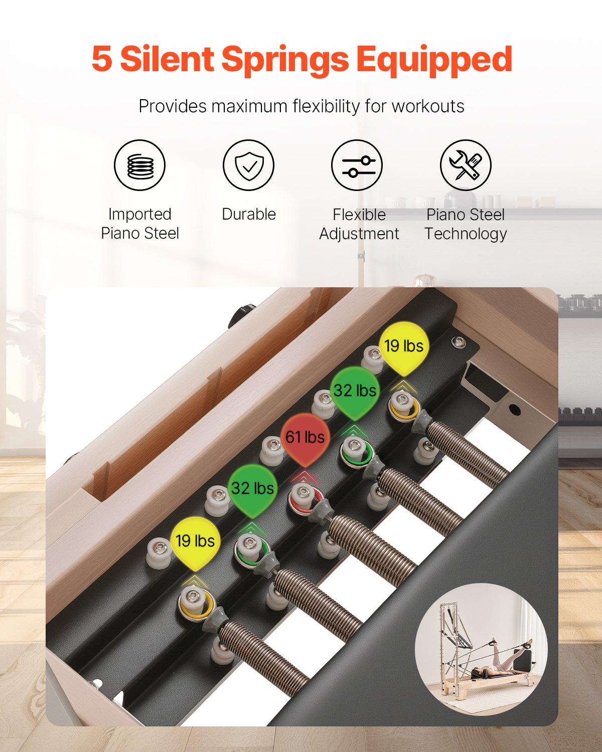 VEVOR Pilates Reformer, Wooden Pilates Machine for Home Gym Studio, Strength Training Workout Equipment with Dual Resistance, Reformer Box, Jump Board, for Advanced Users and Beginners, Up to 400 LBS