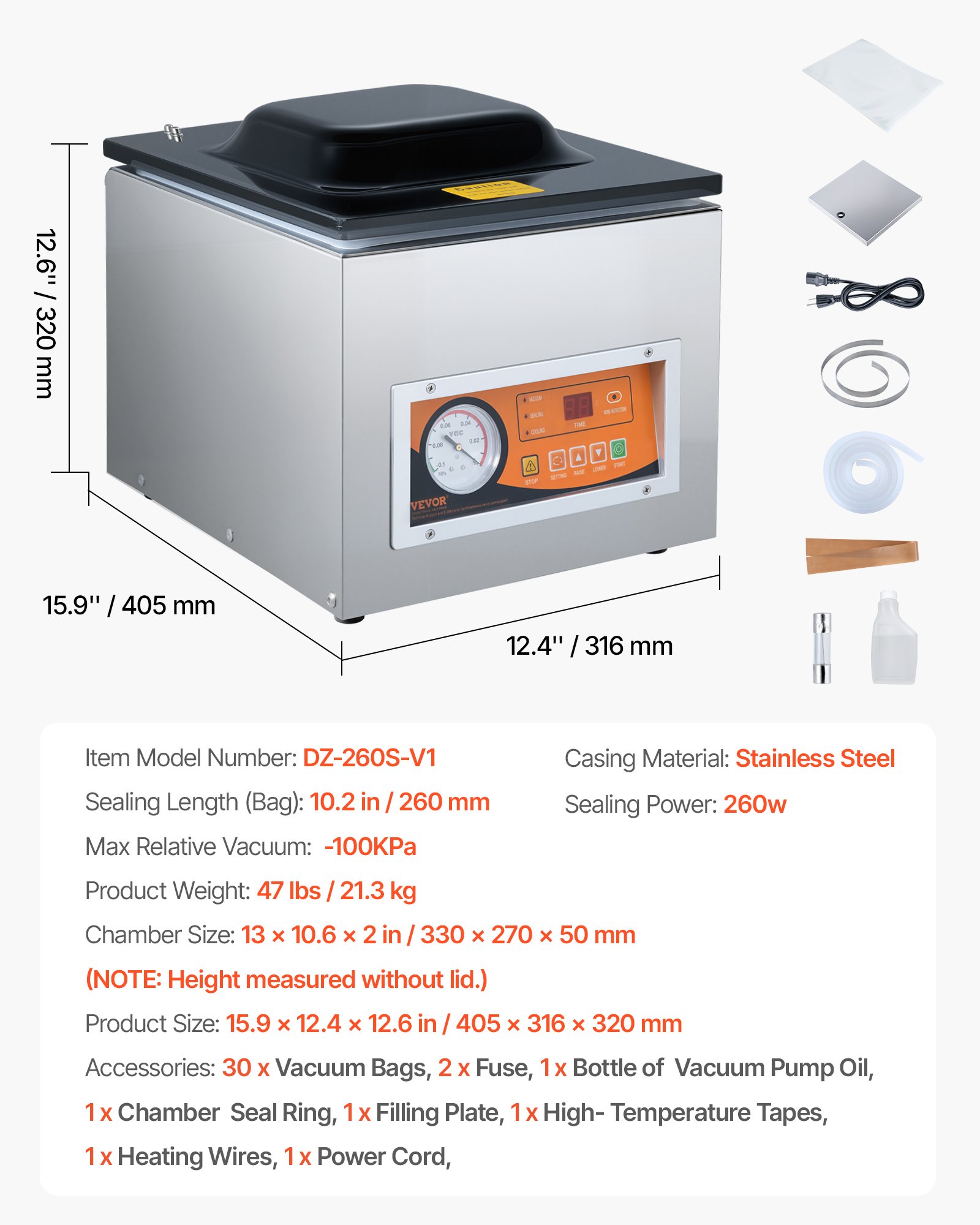 VEVOR Kamer Vacuüm Sealer 260 W Vacuüm Sealer voor vochtig voedsel, vlees, marinades etc. Compact formaat met een seallengte van 26 cm Toepassing in privékeukens en commerciële ruimtes