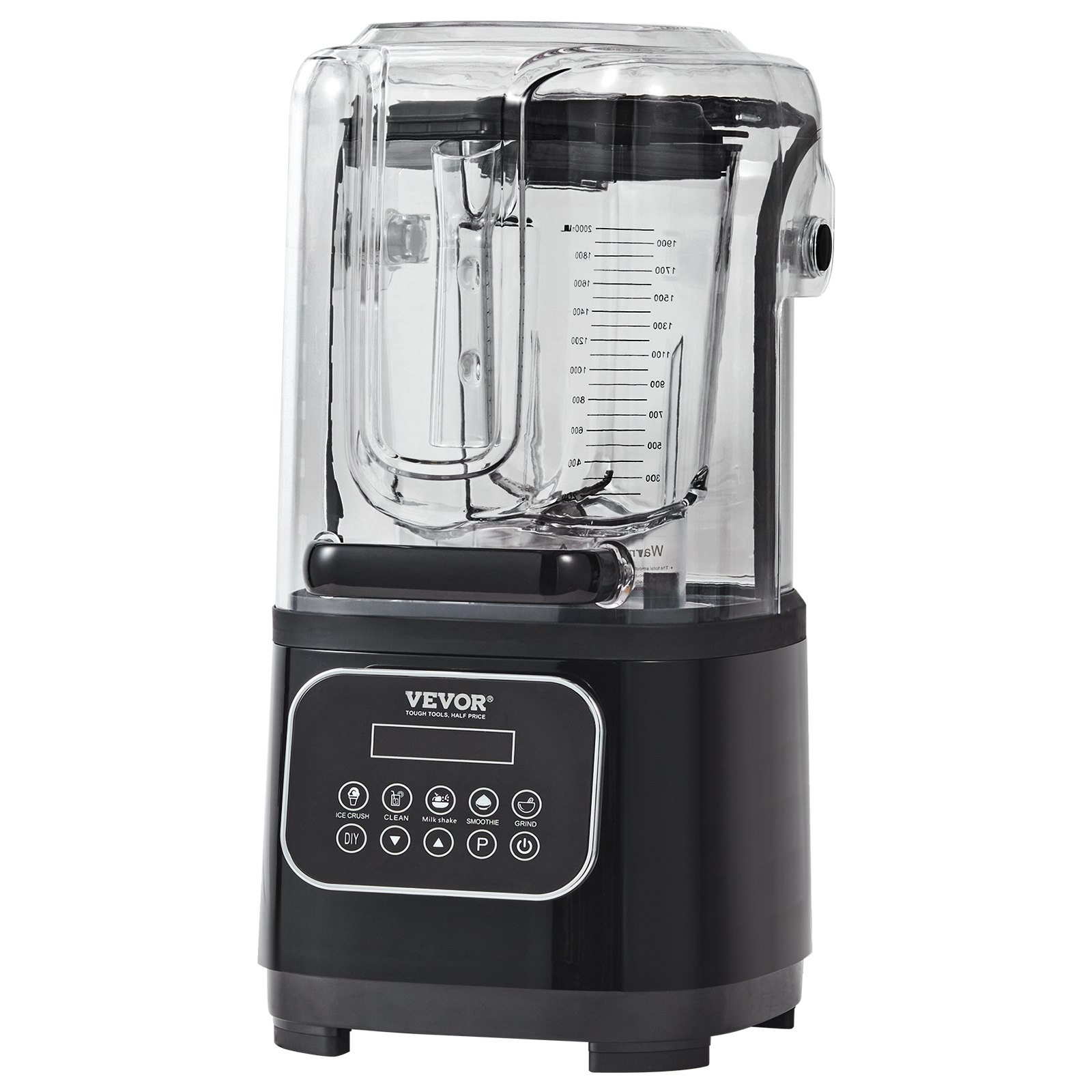 VEVOR Professionele Blender met Beschermkap en Glazen Kan, Commerciële Staande Blender 2 L Blender met 9 Snelheden en 5 Functies, voor Shakes Smoothies Dranken Zwart