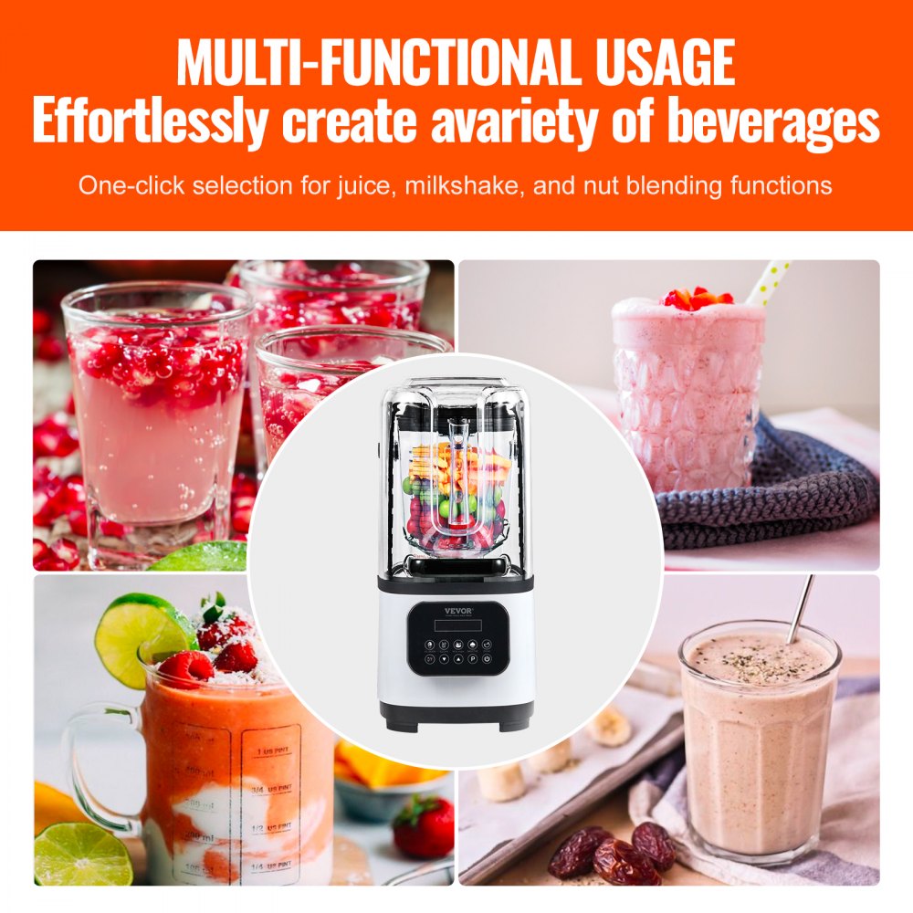 VEVOR Commerciële Blender 2200W met beschermkap, krachtige blender, keukenblender met 9 snelheden, 5 functies en kunststof kan, voor bevroren drankjes, shakes en smoothies.