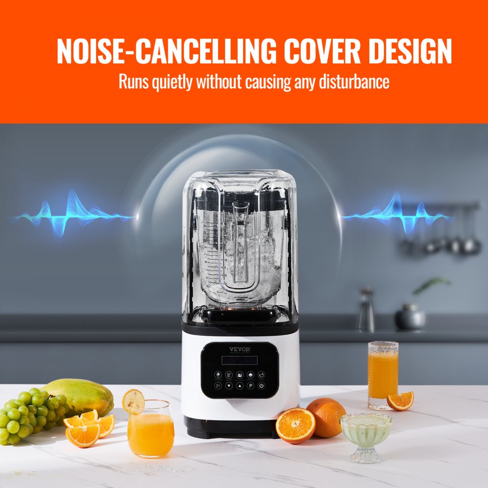 VEVOR Commerciële Blender 2200W met beschermkap, krachtige blender, keukenblender met 9 snelheden, 5 functies en kunststof kan, voor bevroren drankjes, shakes en smoothies.