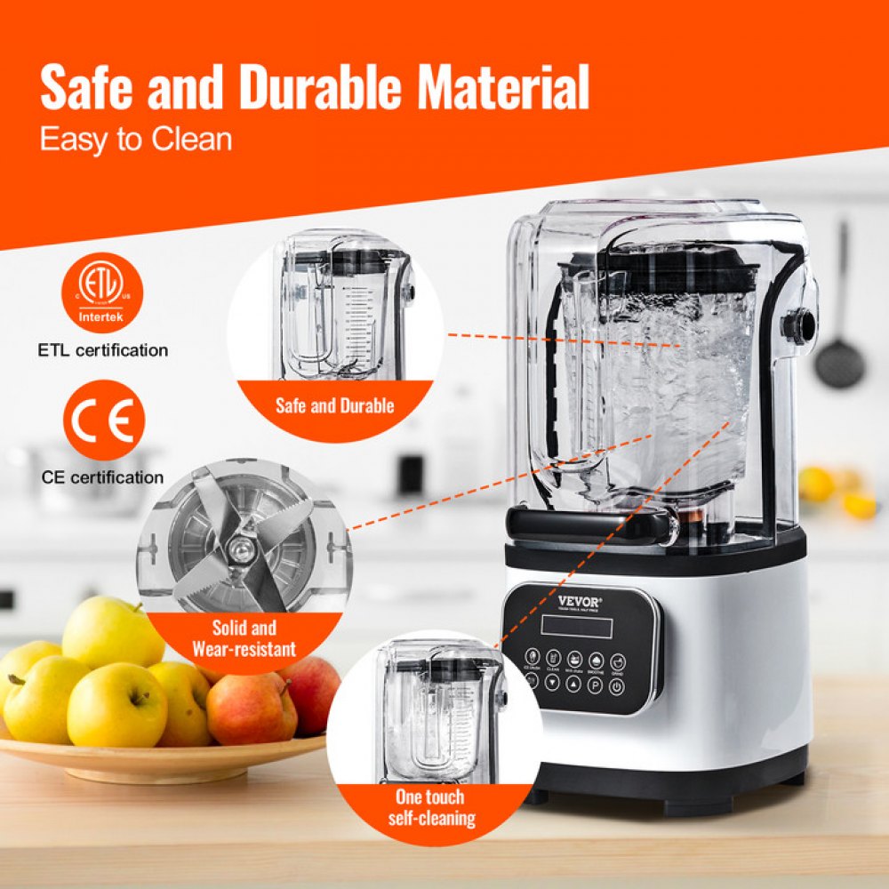 VEVOR Commerciële Blender 2200W met beschermkap, krachtige blender, keukenblender met 9 snelheden, 5 functies en kunststof kan, voor bevroren drankjes, shakes en smoothies.