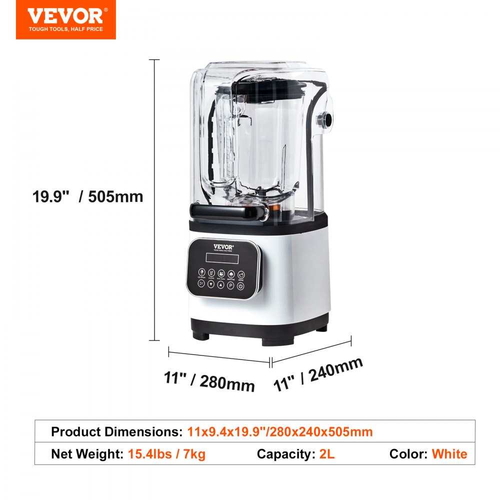 VEVOR Commerciële Blender 2200W met beschermkap, krachtige blender, keukenblender met 9 snelheden, 5 functies en kunststof kan, voor bevroren drankjes, shakes en smoothies.