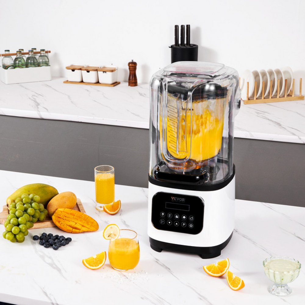 VEVOR Commerciële Blender 2200W met beschermkap, krachtige blender, keukenblender met 9 snelheden, 5 functies en kunststof kan, voor bevroren drankjes, shakes en smoothies.