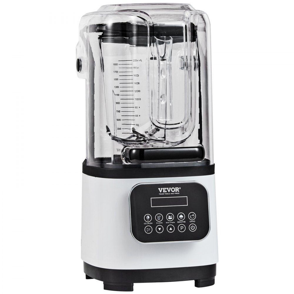 VEVOR Commerciële Blender 2200W met beschermkap, krachtige blender, keukenblender met 9 snelheden, 5 functies en kunststof kan, voor bevroren drankjes, shakes en smoothies.