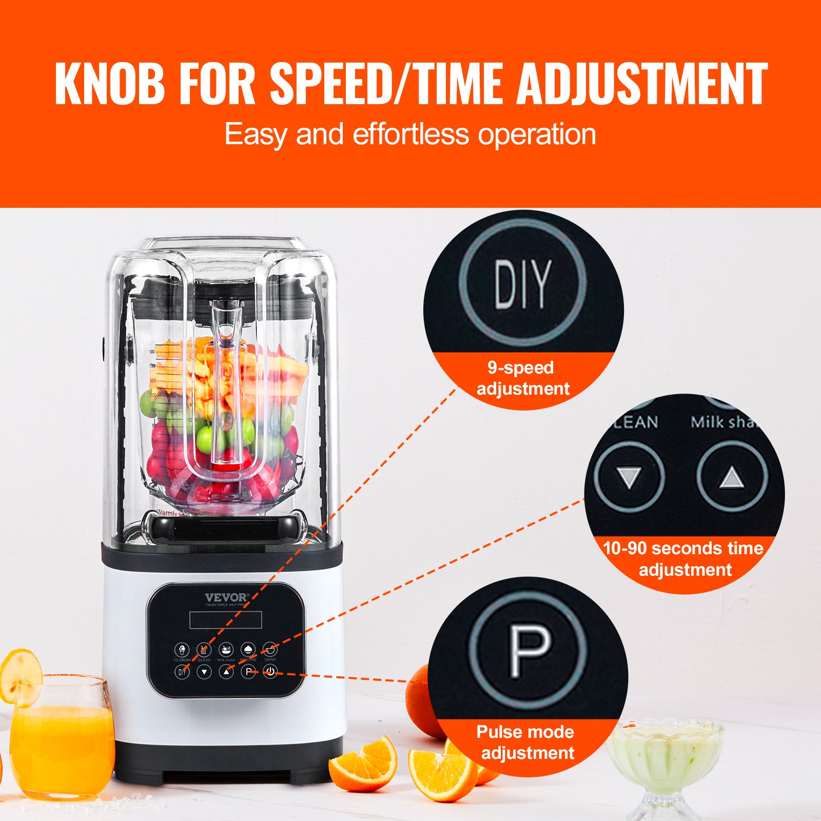VEVOR Commerciële Blender 2200W met beschermkap, krachtige blender, keukenblender met 9 snelheden, 5 functies en kunststof kan, voor bevroren drankjes, shakes en smoothies.