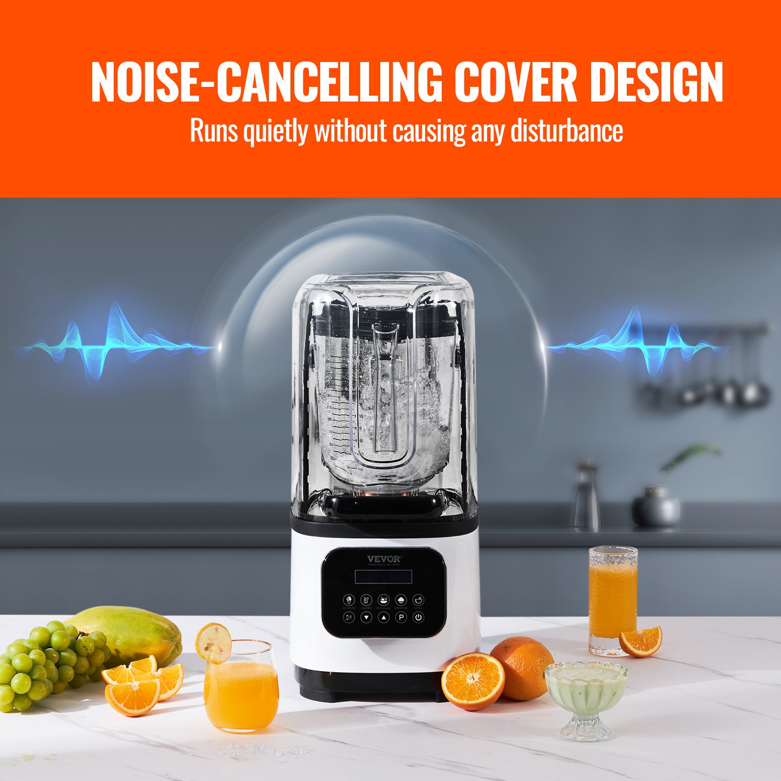 VEVOR Commerciële Blender 2200W met beschermkap, krachtige blender, keukenblender met 9 snelheden, 5 functies en kunststof kan, voor bevroren drankjes, shakes en smoothies.