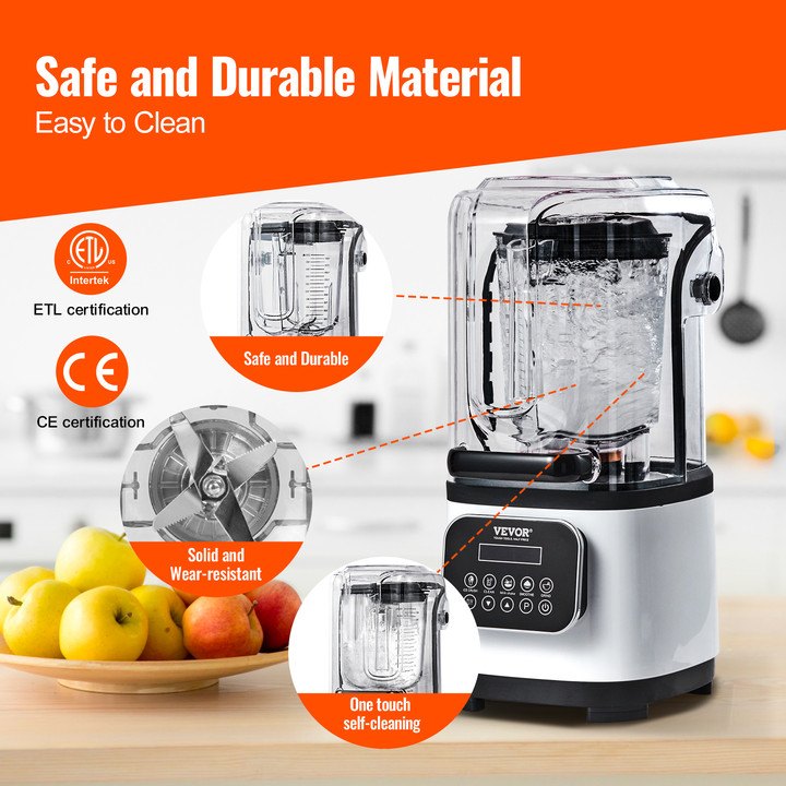 VEVOR Commerciële Blender 2200W met beschermkap, krachtige blender, keukenblender met 9 snelheden, 5 functies en kunststof kan, voor bevroren drankjes, shakes en smoothies.