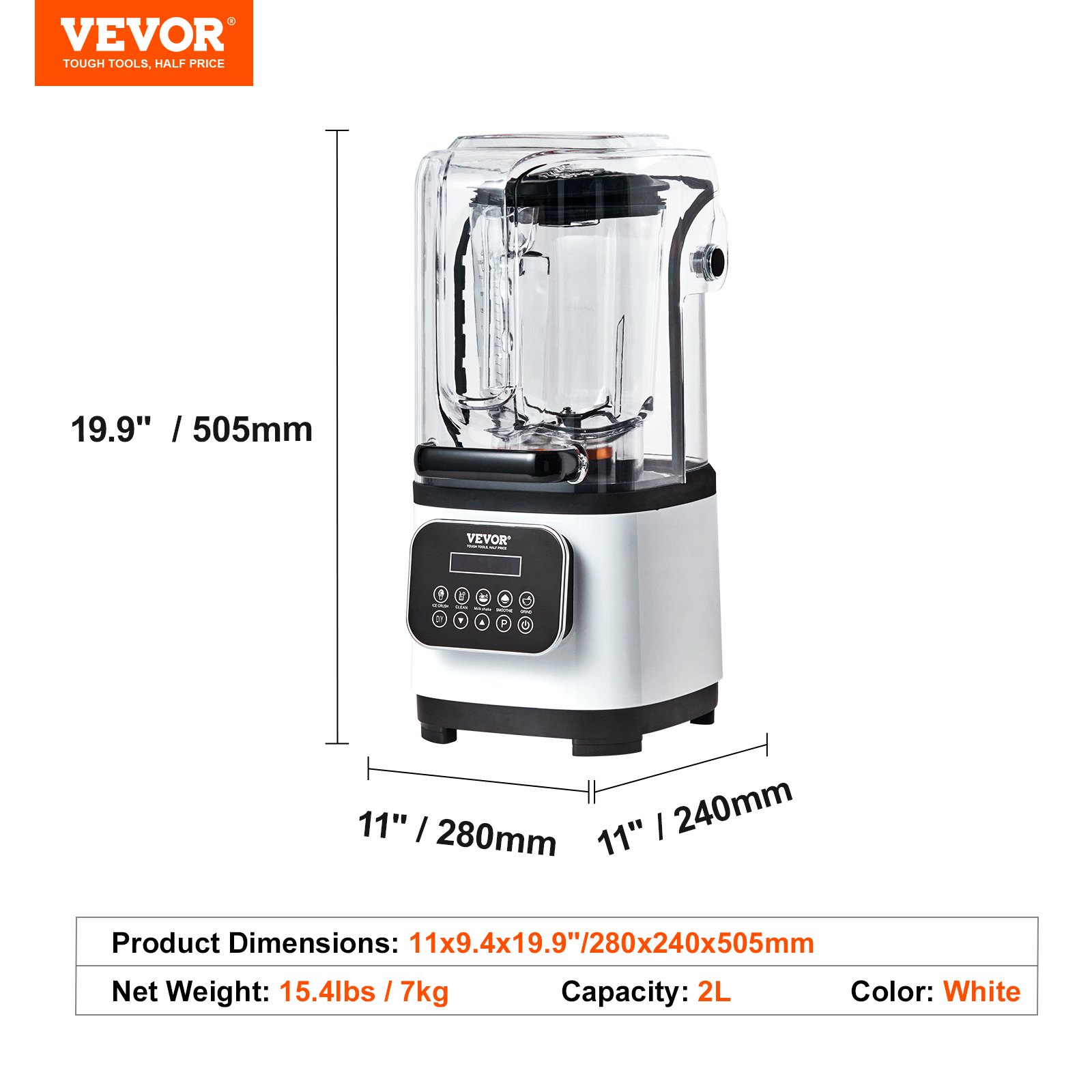 VEVOR Commerciële Blender 2200W met beschermkap, krachtige blender, keukenblender met 9 snelheden, 5 functies en kunststof kan, voor bevroren drankjes, shakes en smoothies.