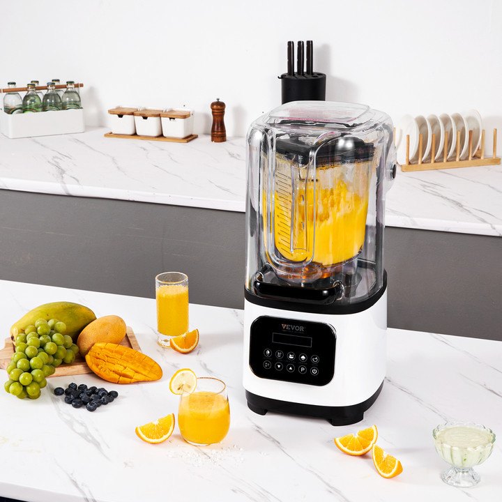 VEVOR Commerciële Blender 2200W met beschermkap, krachtige blender, keukenblender met 9 snelheden, 5 functies en kunststof kan, voor bevroren drankjes, shakes en smoothies.