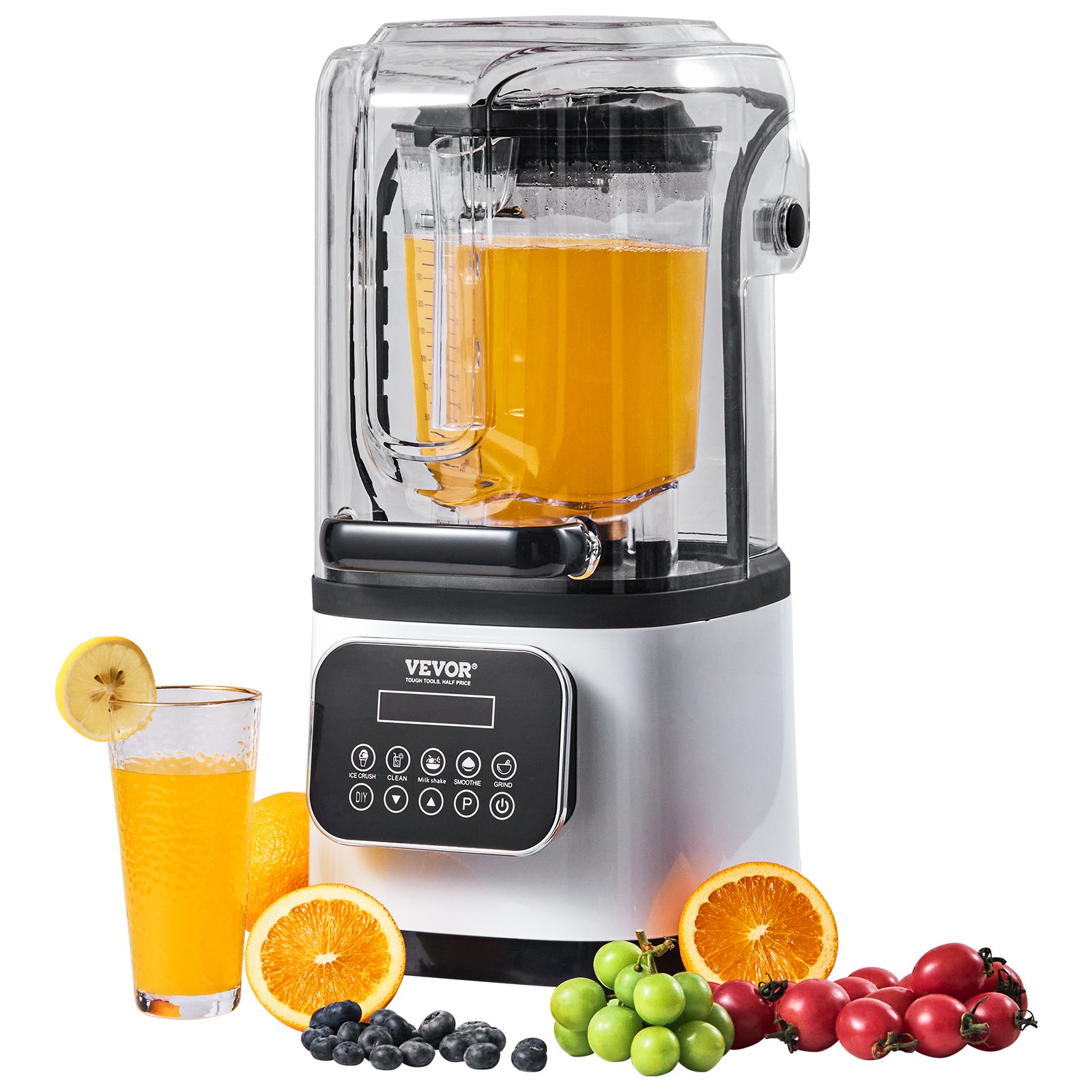 VEVOR Commerciële Blender 2200W met beschermkap, krachtige blender, keukenblender met 9 snelheden, 5 functies en kunststof kan, voor bevroren drankjes, shakes en smoothies.