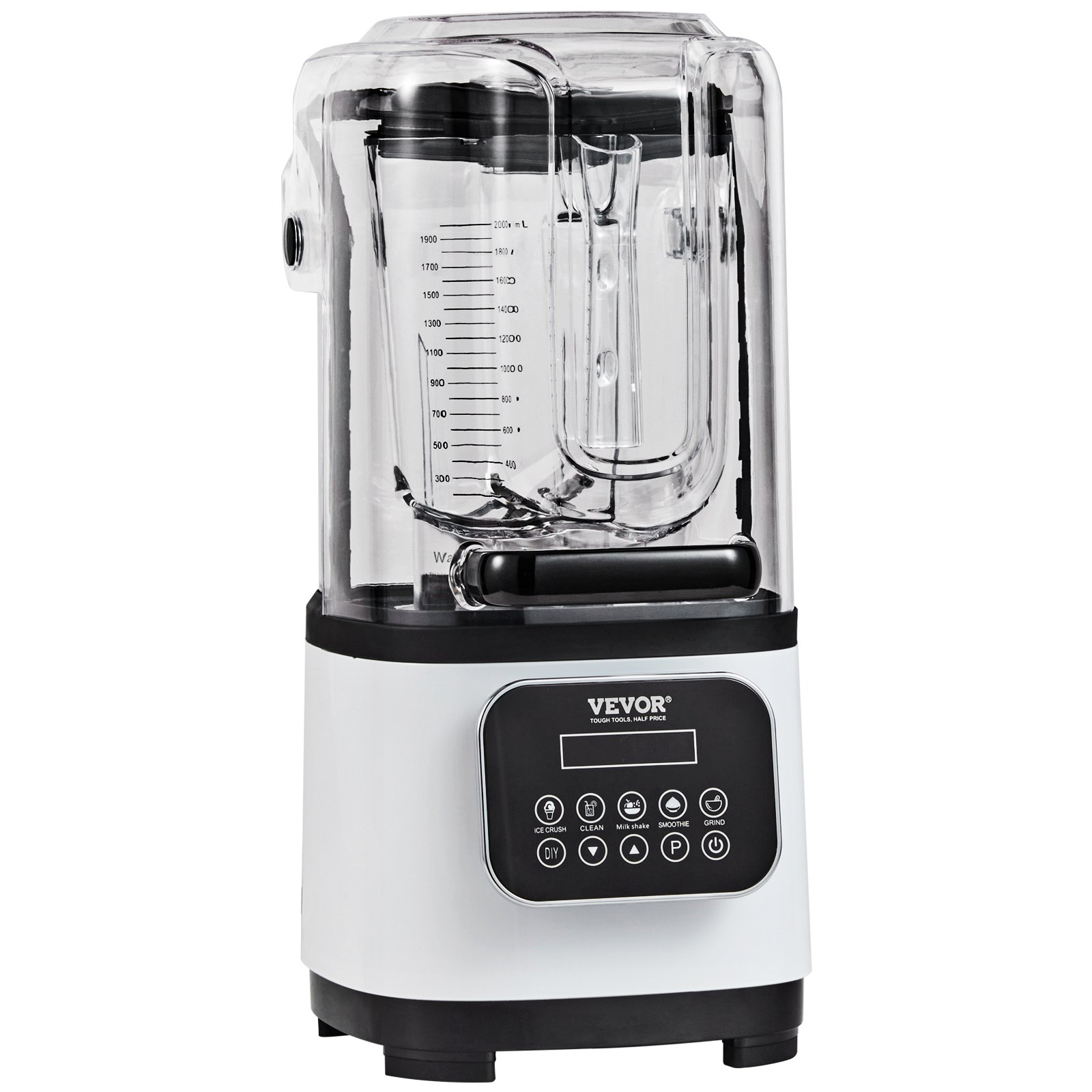 VEVOR Commerciële Blender 2200W met beschermkap, krachtige blender, keukenblender met 9 snelheden, 5 functies en kunststof kan, voor bevroren drankjes, shakes en smoothies.