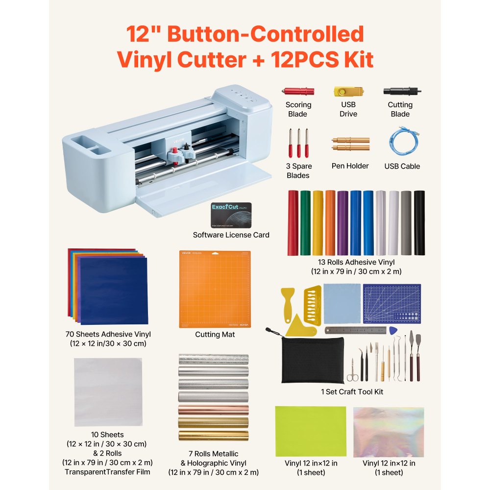 VEVOR Vinylsnijmachine 30 cm, snijplotter met knopbediening en materiaal- en gereedschapset, compatibel met Mac/Windows/Android/iOS, voor knutselprojecten, kaarten en woondecoratie.