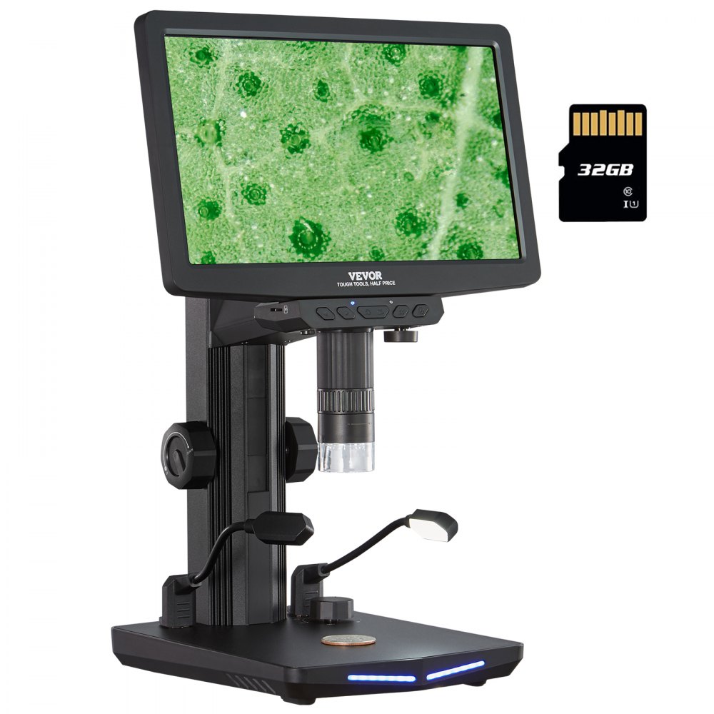 VEVOR digital microscope with 26 cm HD screen 10X-1300X magnification reflected light microscope USB microscope 8 LED, 2 million pixels, 1080P video resolution, 1920x1080 photo resolution 32 GB memory card