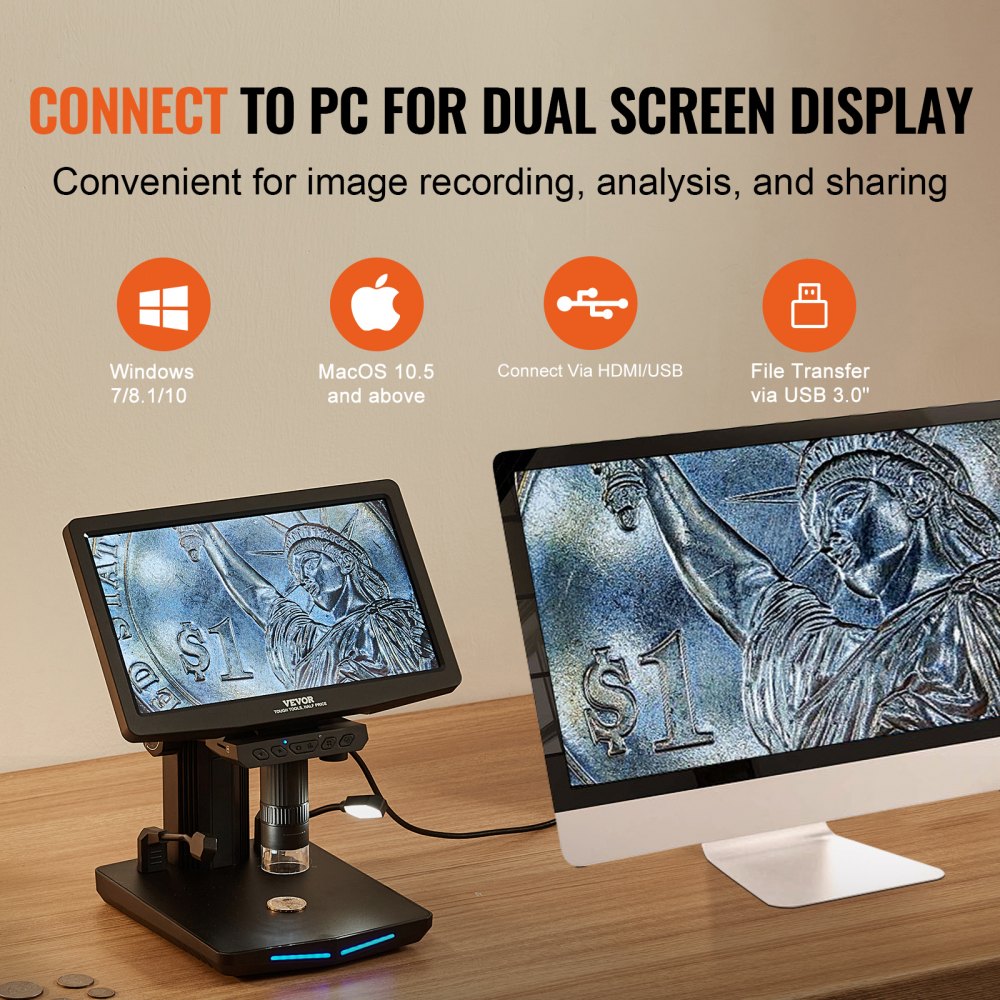 VEVOR Digitale Microscoop met 26 cm HD-scherm, 10x-1300x vergroting, invallend lichtmicroscoop, USB-microscoop, 8 LED's, 2 miljoen pixels, 1080p videoresolutie, 1920x1080 fotoresolutie, 32 GB geheugenkaart