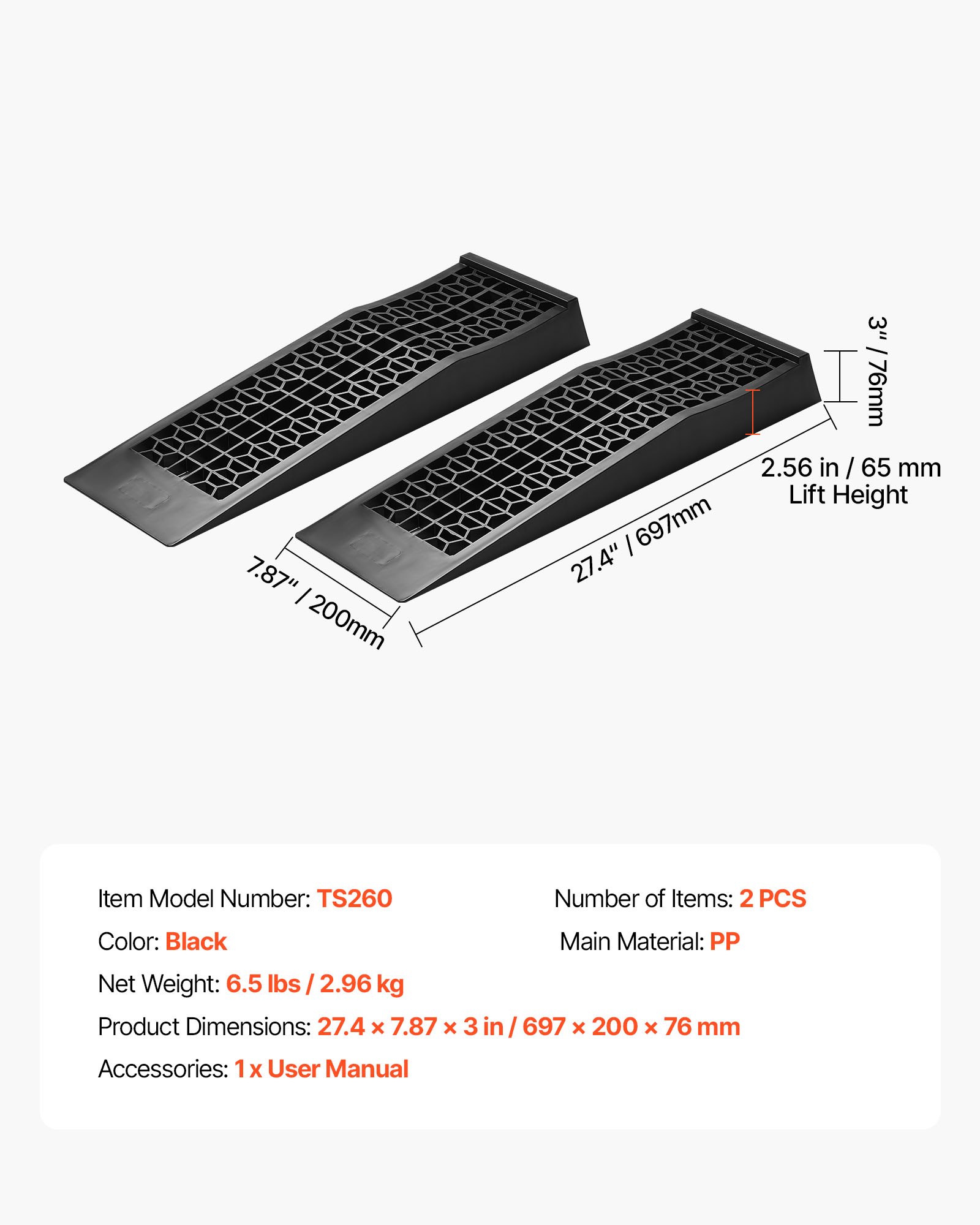 VEVOR autohellingen, 2-pack, 65 mm lift, draagbare autohellingen voor garageonderhoud, olieverversingen en lage voertuigen, laadvermogen 2268 kg (per helling)