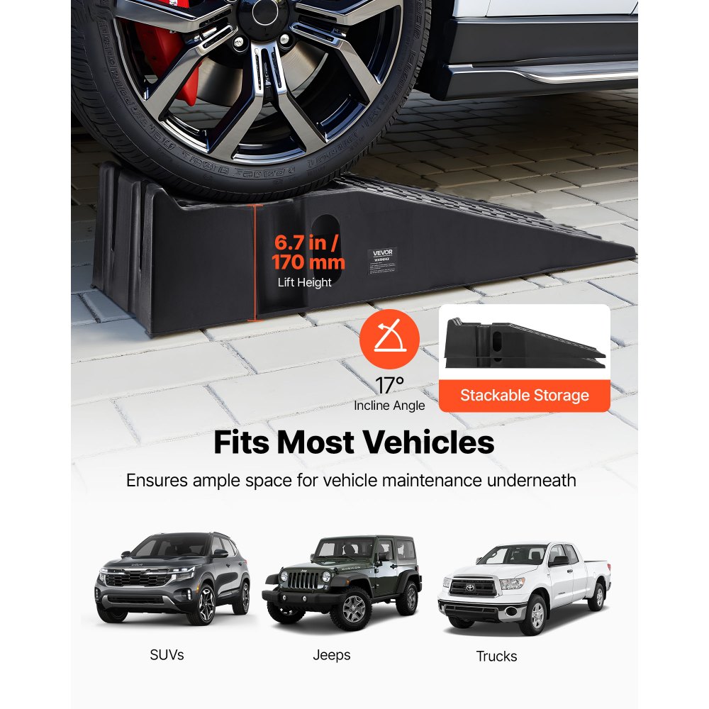 VEVOR Car Ramps, 2 PCS 16000 lbs GVW Capacity, 6.7 in Lift Height, Portable High Profile Car Service Ramps for Home Garage Maintenance and Oil Changes, Heavy Duty for Truck SUV Vehicle Repair, Black