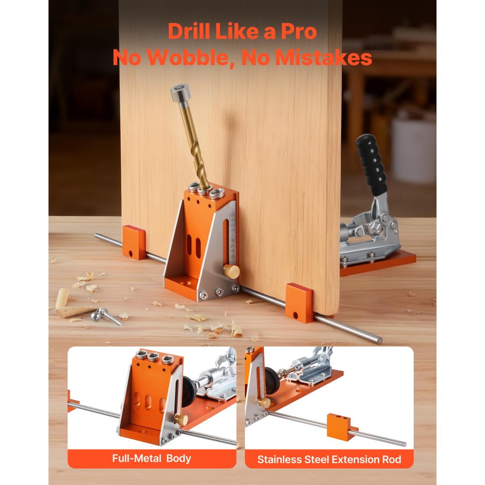 VEVOR Pocket Hole Jig Kit, 12.7 to 38.1 mm Adjustable, Jig Pocket Hole System with Toolcase, C-Clamp, Step Drill, Hex Wrench, Drill Stop Ring, Square Drive Bit, Reinforced Metal Frame, for Woodworking