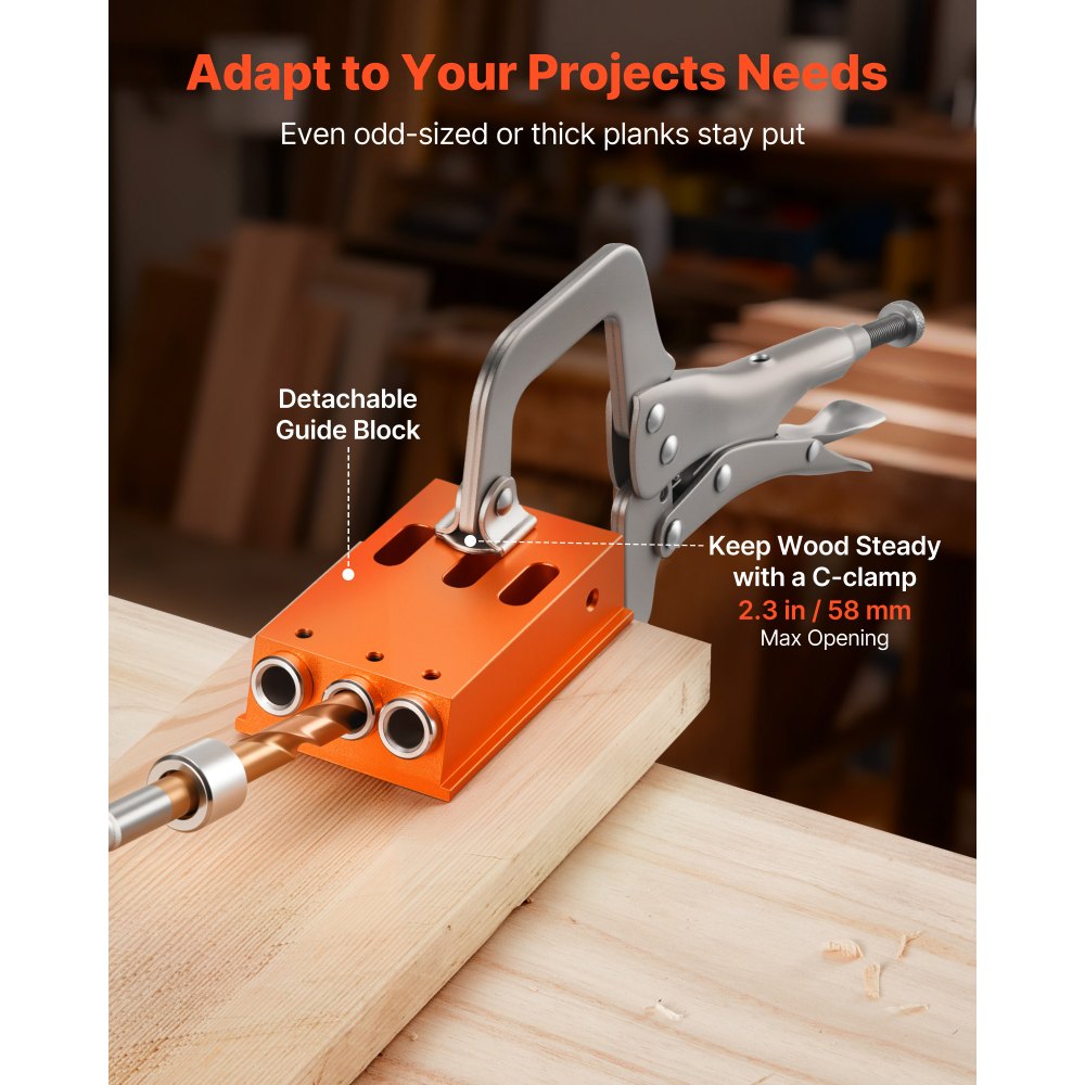 VEVOR Pocket Hole Jig Kit, 12.7 to 38.1 mm Adjustable, Jig Pocket Hole System with Toolcase, C-Clamp, Step Drill, Hex Wrench, Drill Stop Ring, Square Drive Bit, Reinforced Metal Frame, for Woodworking