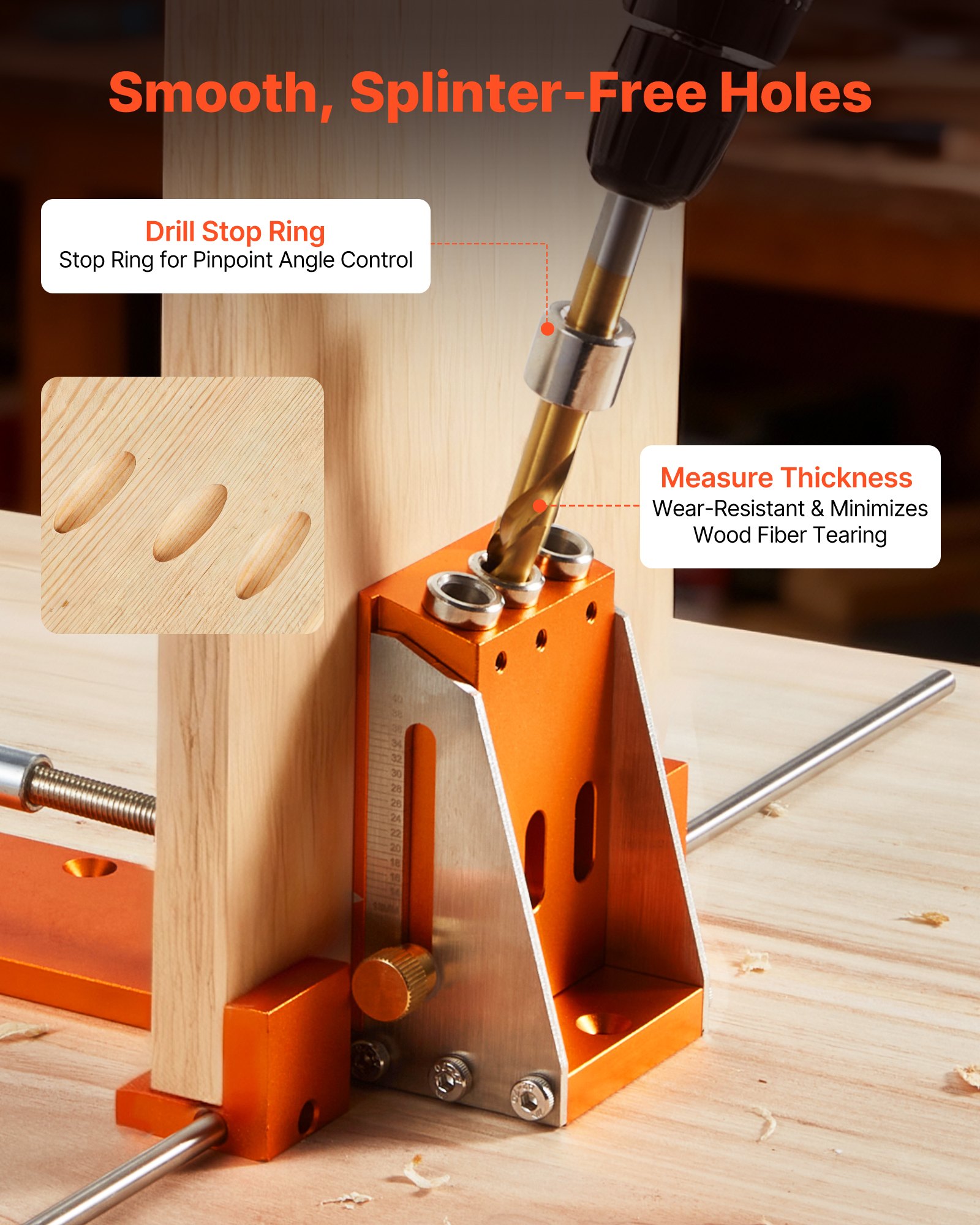 VEVOR Pocket Hole Jig Kit, 12.7 to 38.1 mm Adjustable, Jig Pocket Hole System with Toolcase, C-Clamp, Step Drill, Hex Wrench, Drill Stop Ring, Square Drive Bit, Reinforced Metal Frame, for Woodworking