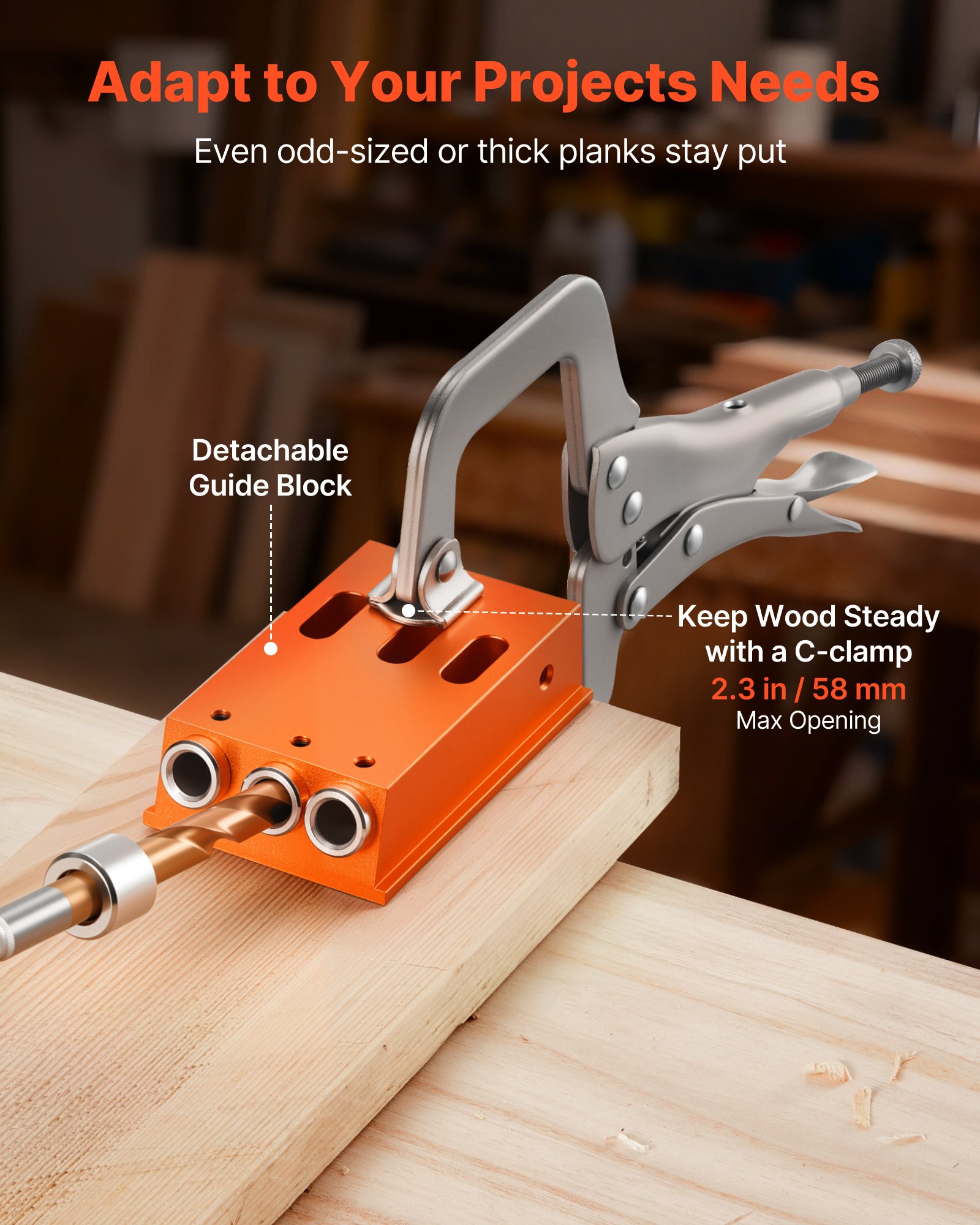 VEVOR Pocket Hole Jig Kit, 12.7 to 38.1 mm Adjustable, Jig Pocket Hole System with Toolcase, C-Clamp, Step Drill, Hex Wrench, Drill Stop Ring, Square Drive Bit, Reinforced Metal Frame, for Woodworking