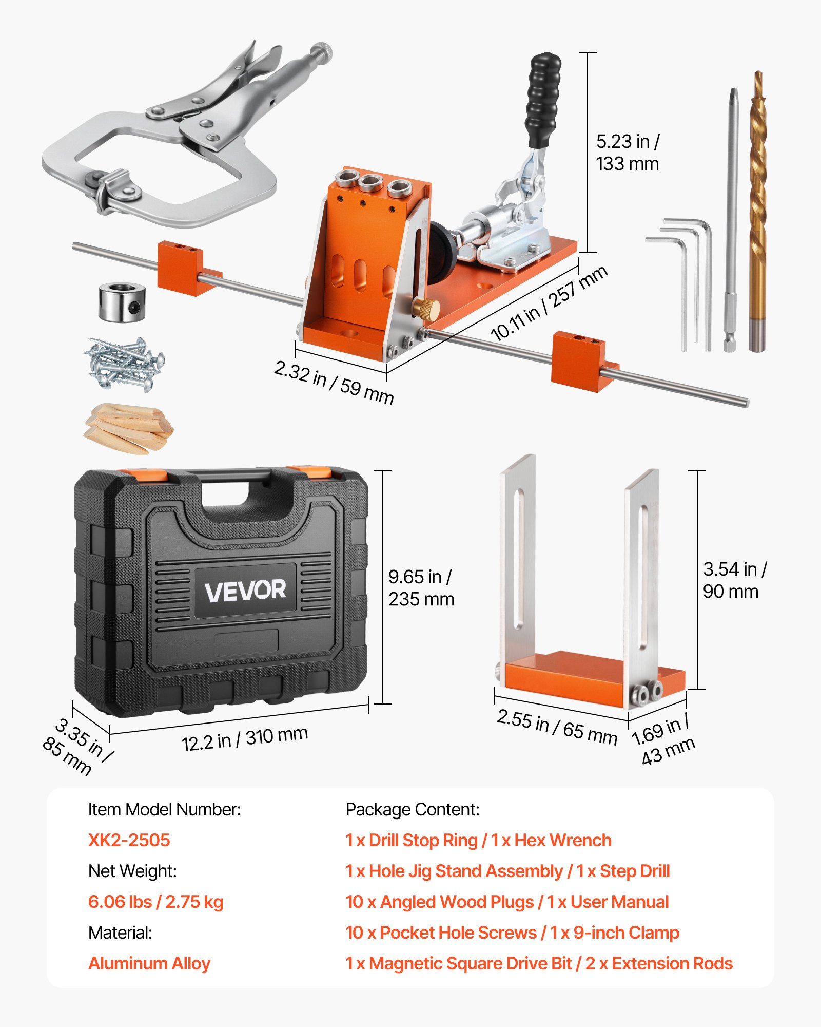 VEVOR Pocket Hole Jig Kit, 12.7 to 38.1 mm Adjustable, Jig Pocket Hole System with Toolcase, C-Clamp, Step Drill, Hex Wrench, Drill Stop Ring, Square Drive Bit, Reinforced Metal Frame, for Woodworking