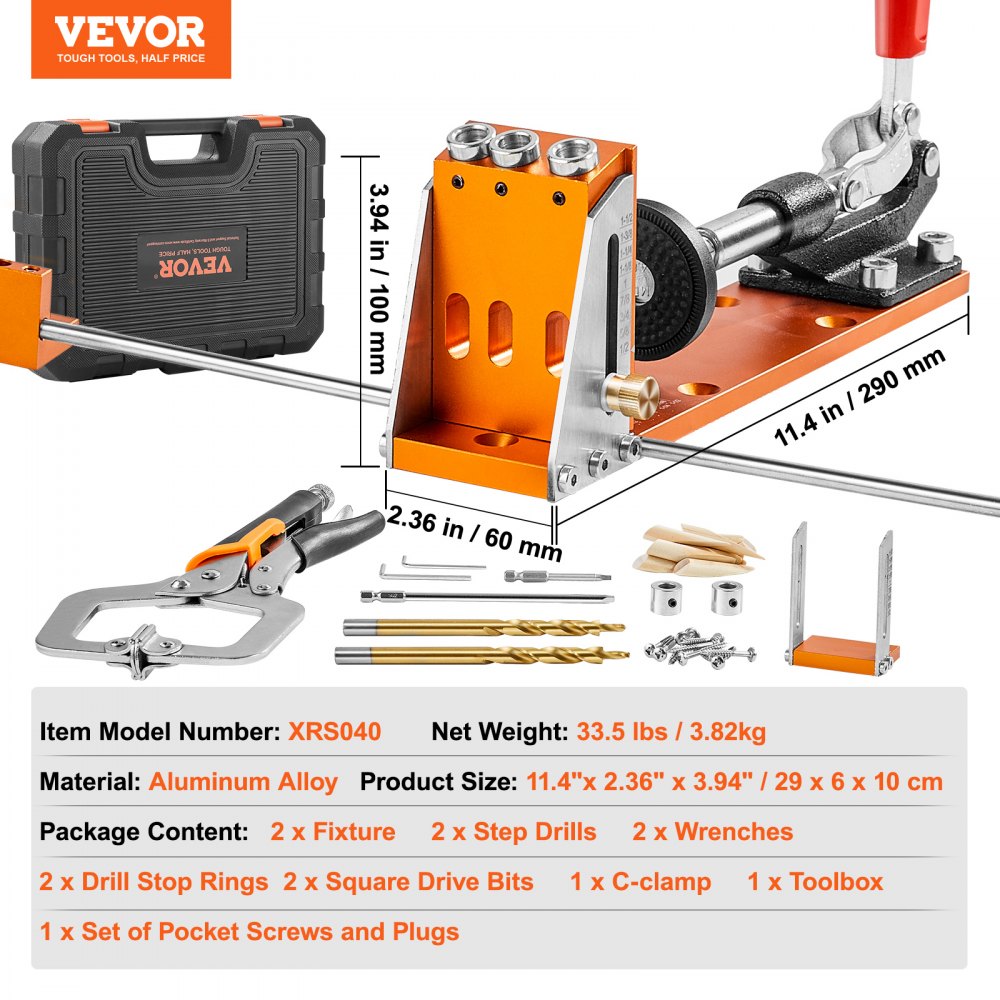 VEVOR Pocket Hole Jig Kit met sleutel en vierkante aandrijfbits, deuvelhulpboorgeleider voor het boren van pocketgaten en schuine gaten, boorhulp voor houtbewerking