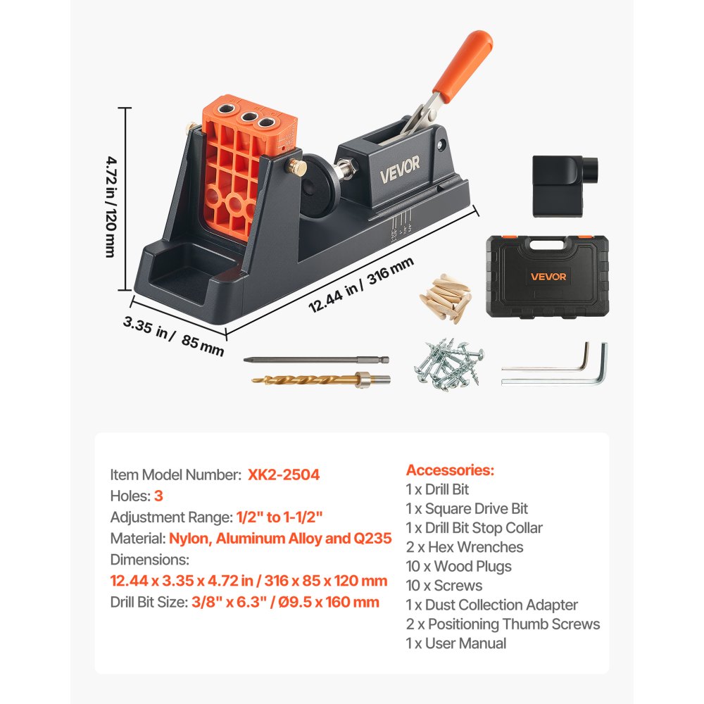 VEVOR Pocket Hole Jig, 12,7 tot 38,1 mm, schuine gatenpositioneerder, pocket hole boormalset met stofafzuigadapter, verwijderbaar geleidingsblok, boor, aanslagring, voor houtbewerking