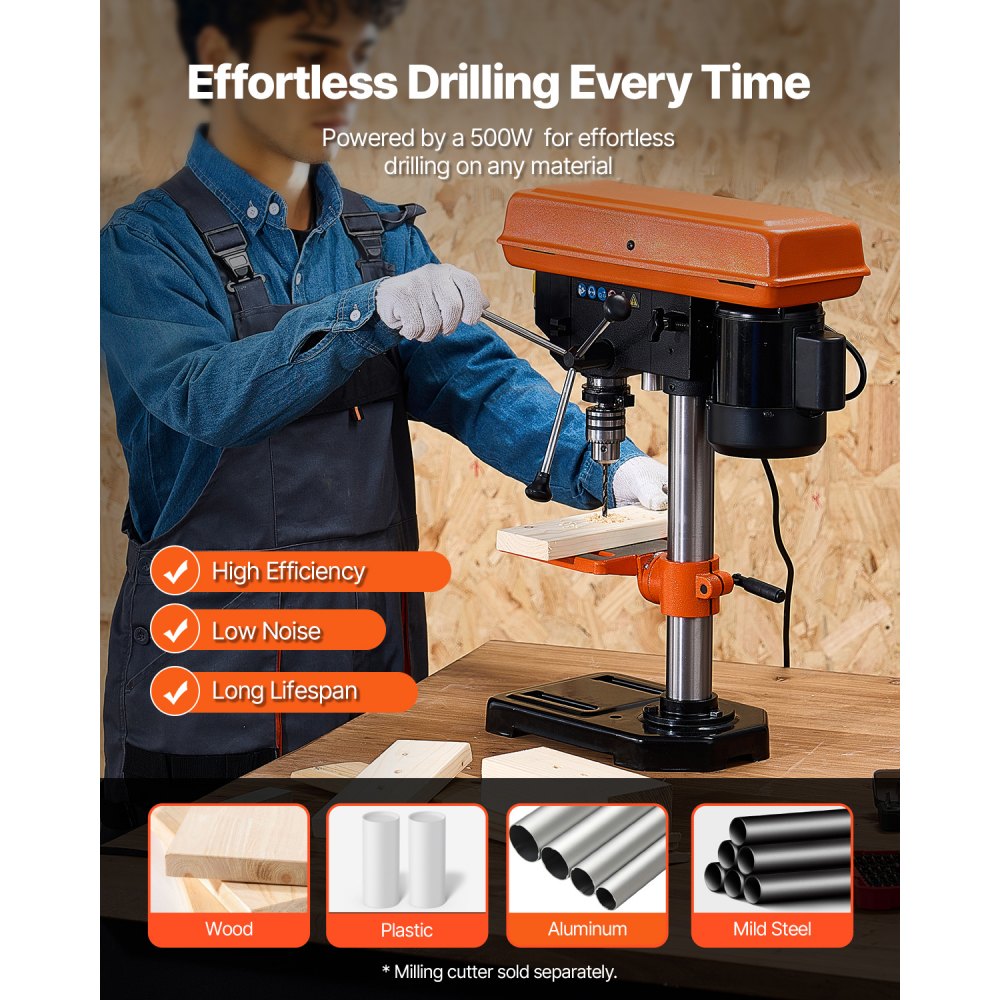 VEVOR 203.2mm Benchtop Drill Press, 500W Induction Motor, Tabletop Drilling Machine with 500 / 890 / 1400 / 1900 / 2500 RPM Adjustable Speed, 0-45° Tilting Worktable, LED Work Light, for Wood Metal