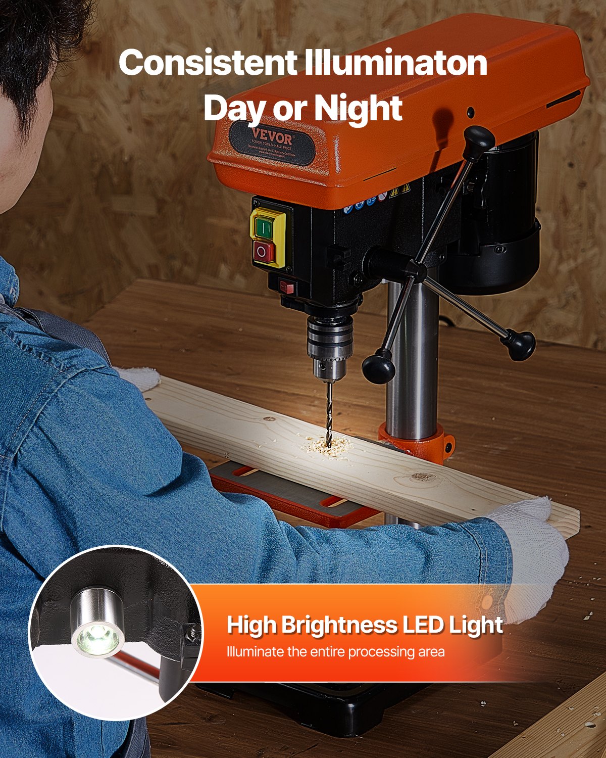 VEVOR 203.2mm Benchtop Drill Press, 500W Induction Motor, Tabletop Drilling Machine with 500 / 890 / 1400 / 1900 / 2500 RPM Adjustable Speed, 0-45° Tilting Worktable, LED Work Light, for Wood Metal