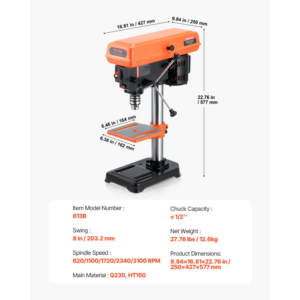 VEVOR 203mm tafelboormachine, 500W inductiemotor, tafelboormachine met 550/950/1450/1950/2500 tpm regelbare snelheid, 0-45° kantelbare werktafel, LED-werklamp, voor hout en metaal