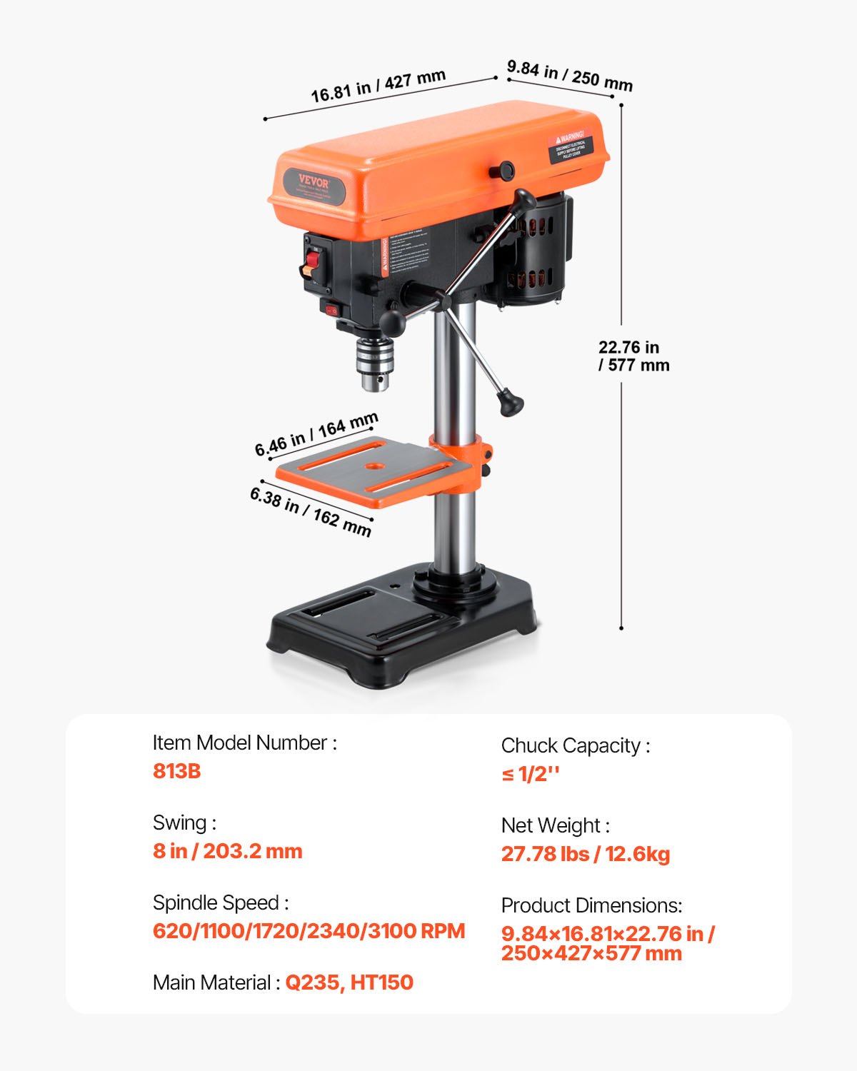 VEVOR 203mm tafelboormachine, 500W inductiemotor, tafelboormachine met 550/950/1450/1950/2500 tpm regelbare snelheid, 0-45° kantelbare werktafel, LED-werklamp, voor hout en metaal
