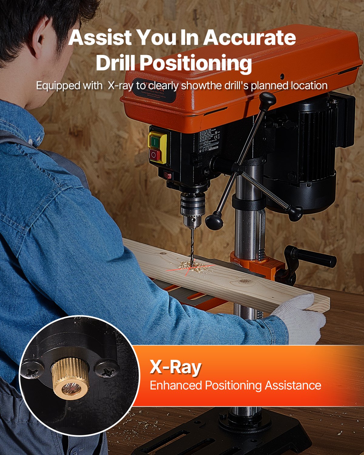 VEVOR 254 mm Benchtop Drill Press, 550W Induction Motor, Tabletop Drilling Machine with 550 / 950 / 1500 / 2000 / 2500 RPM Adjustable Speed, 0-45° Tilting Worktable, X-Ray Positioning, for Wood Metal