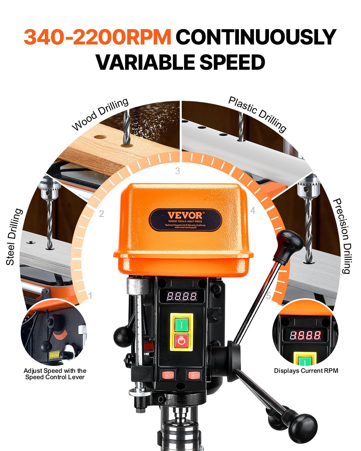 VEVOR 304.8 mm Benchtop Drill Press, 750W, 340-2200 RPM Variable Speed Bench Drill Press, with 0-45° Tilting Worktable, LED Work Light, X-ray Positioning, Tabletop Drilling Machine for Wood Metal