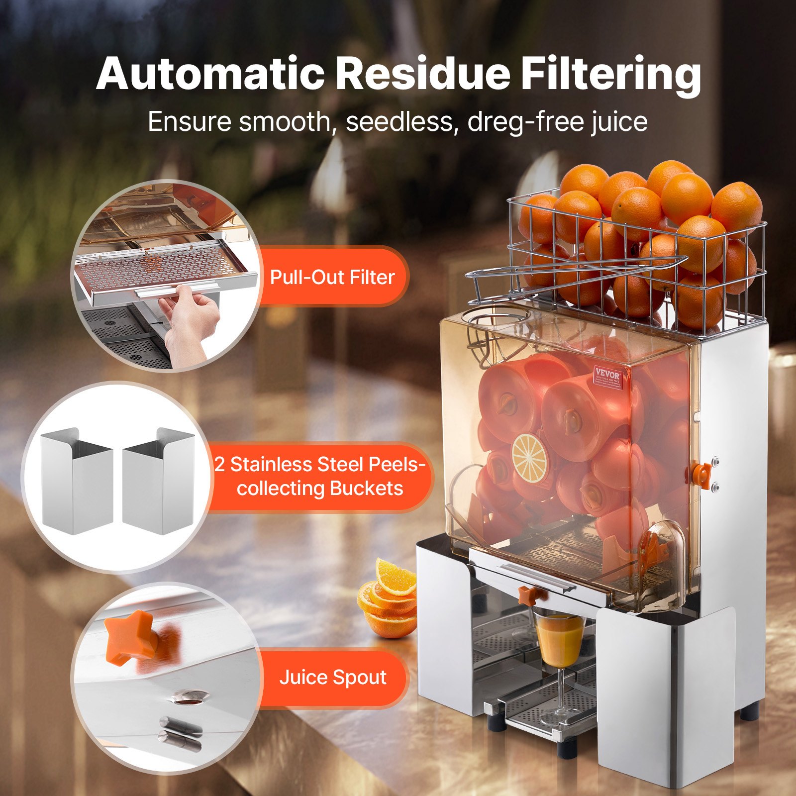VEVOR Commerciële Sinaasappelpers Automatische 120W Sapcentrifuge, RVS Sinaasappelpers voor 20 Sinaasappels per Minuut, met Uittrekbaar Filter Box, PC Cover Citruspers Sapcentrifuge Elektrisch