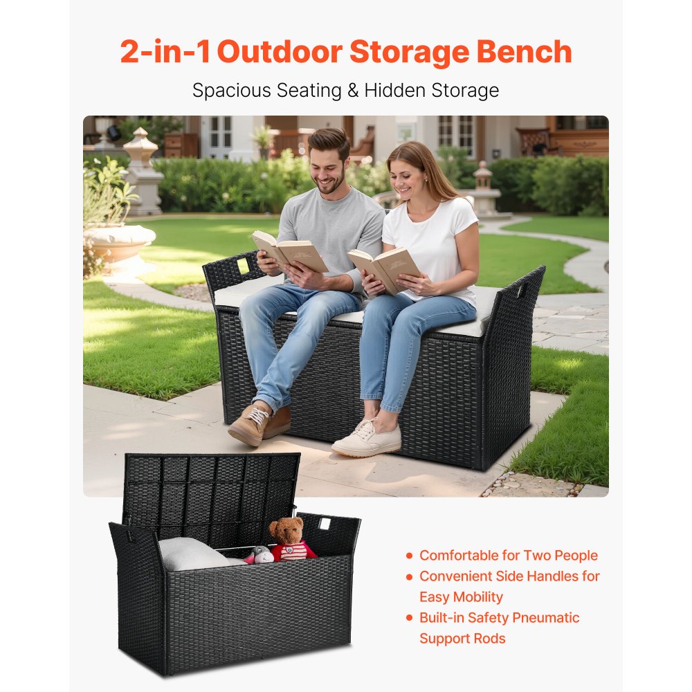 VEVOR Tuinbank met opbergruimte, PE rotan opbergkist, kistbank met kussens en handgrepen aan de zijkant, ondersteunt tot 360 kg, tuinzitbank en verandadecoratie voor patio, tuin, balkon, 125 x 55 x 70 cm