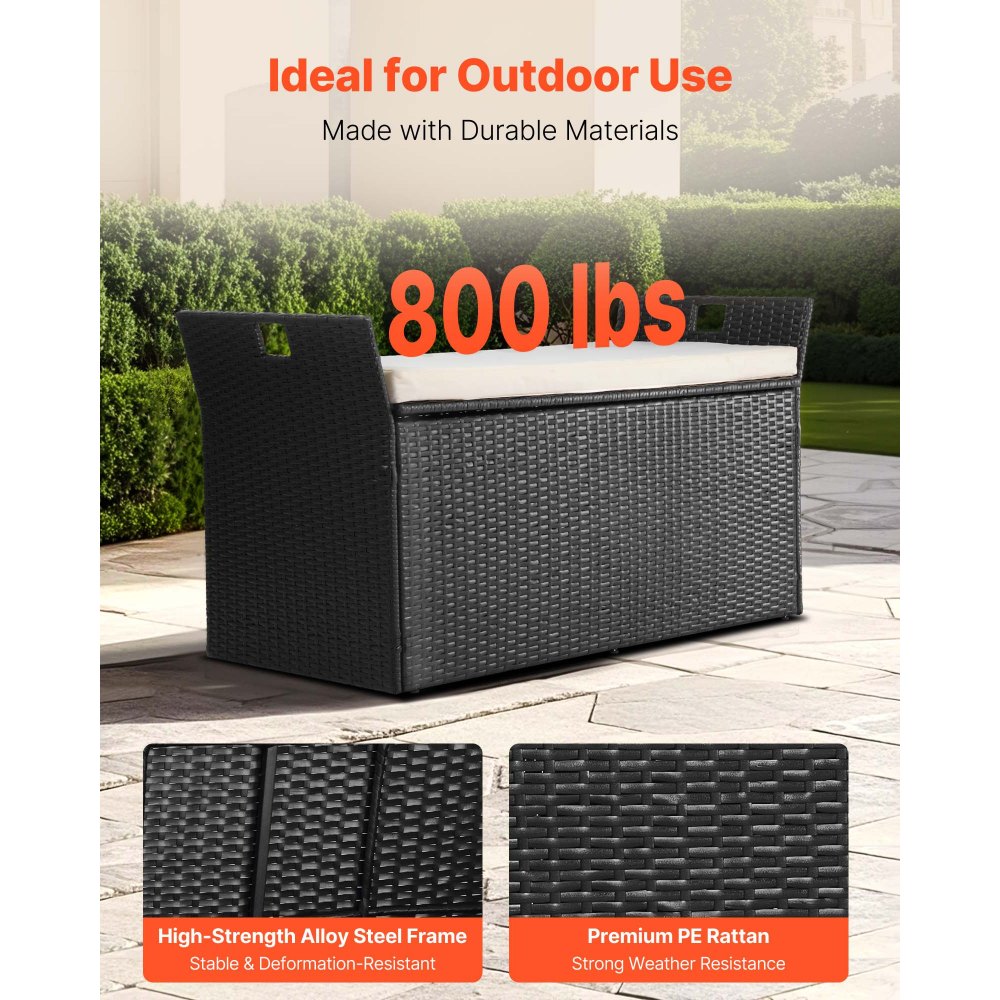 VEVOR Tuinbank met opbergruimte, PE rotan opbergkist, kistbank met kussens en handgrepen aan de zijkant, ondersteunt tot 360 kg, tuinzitbank en verandadecoratie voor patio, tuin, balkon, 125 x 55 x 70 cm