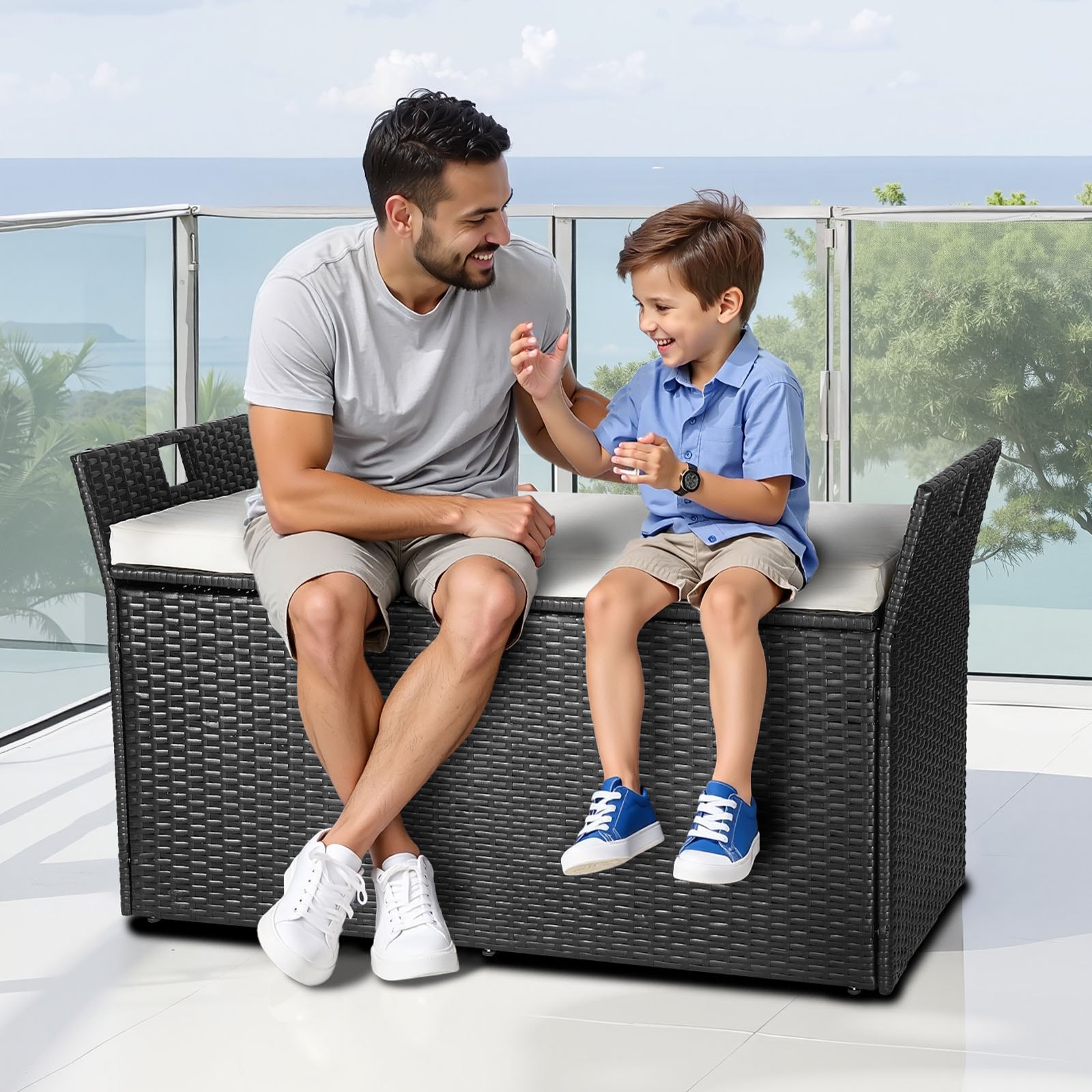 VEVOR Tuinbank met opbergruimte, PE rotan opbergkist, kistbank met kussens en handgrepen aan de zijkant, ondersteunt tot 360 kg, tuinzitbank en verandadecoratie voor patio, tuin, balkon, 125 x 55 x 70 cm
