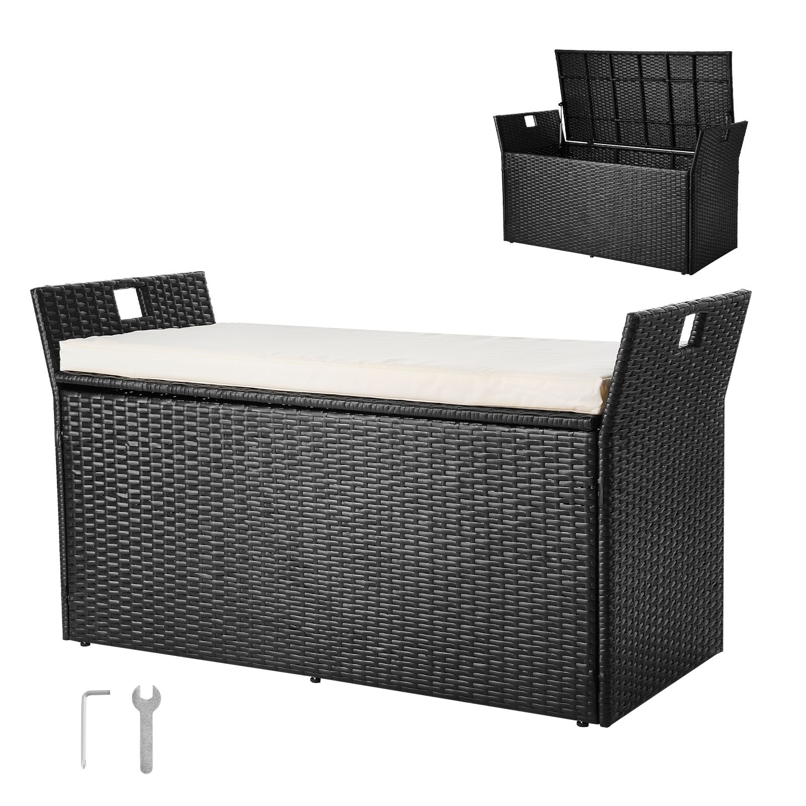 VEVOR Tuinbank met opbergruimte, PE rotan opbergkist, kistbank met kussens en handgrepen aan de zijkant, ondersteunt tot 360 kg, tuinzitbank en verandadecoratie voor patio, tuin, balkon, 125 x 55 x 70 cm