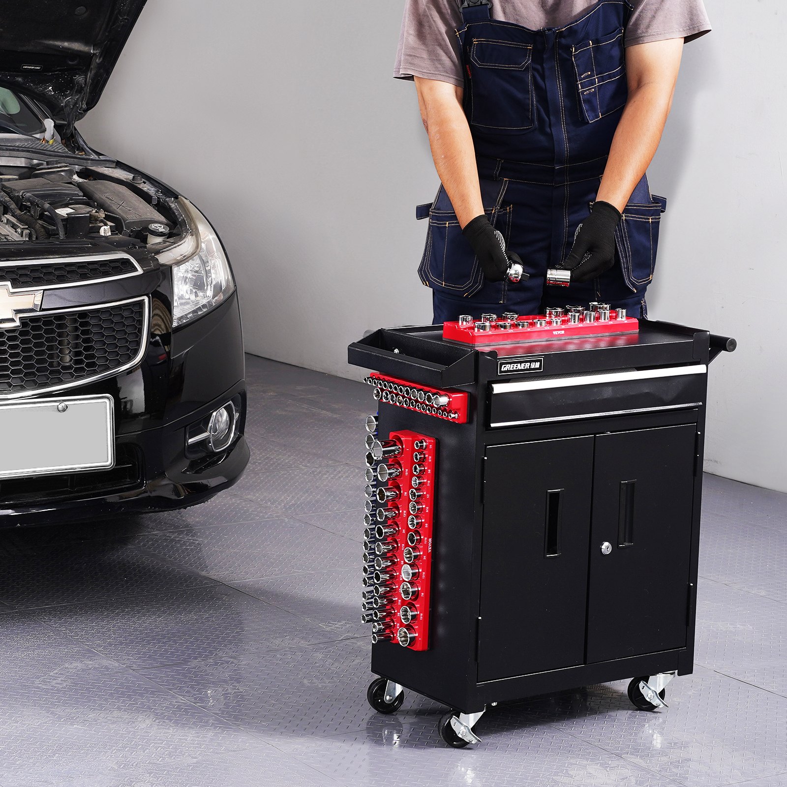 VEVOR Socket Organizer Set, 3-delige 1/4-inch, 3/8-inch en 1/2-inch SAE-dophouders, biedt plaats aan maximaal 68 standaard en diepe doppen (doppen niet inbegrepen)