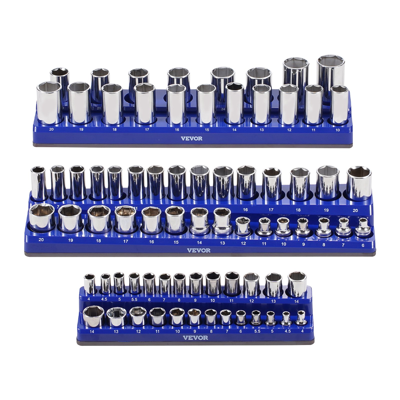 VEVOR Magnetic Socket Organizer Set, 3PCS Magnetic Socket Holder, 1/4'', 3/8'' & 1/2'' Metric Socket Trays with Clear Labels, Hold up to 75PCS Standard & Deep Sockets, Blue (Sockets Not Included)