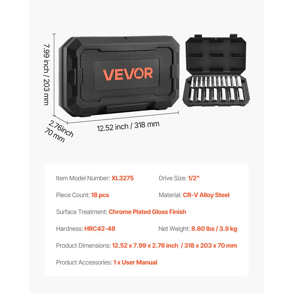 VEVOR 18-delige dopsleutelset, 12,7 mm aandrijving, dopsleutelset, metrische maten van 10 tot 27 mm, met opbergkoffer, duidelijke markeringen, verchroomd CR-V-gelegeerd staal