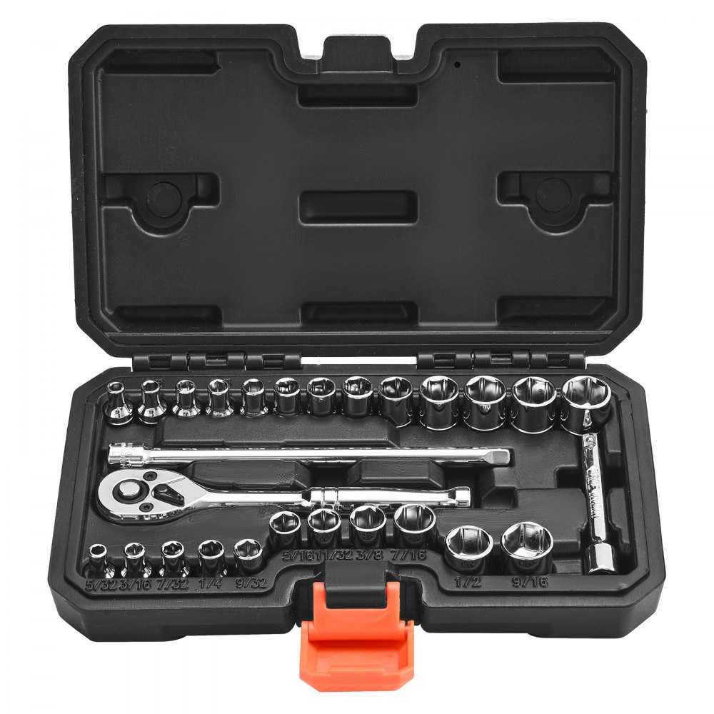 VEVOR Socket Set, 27 Pieces, 6.4 mm Drive Socket and Ratchet Set, SAE and Metric, Mechanic Tool Kit with Ratchet Wrench, Extension Bar and Storage Case, CR-V Alloy Steel, for Automotive Repair