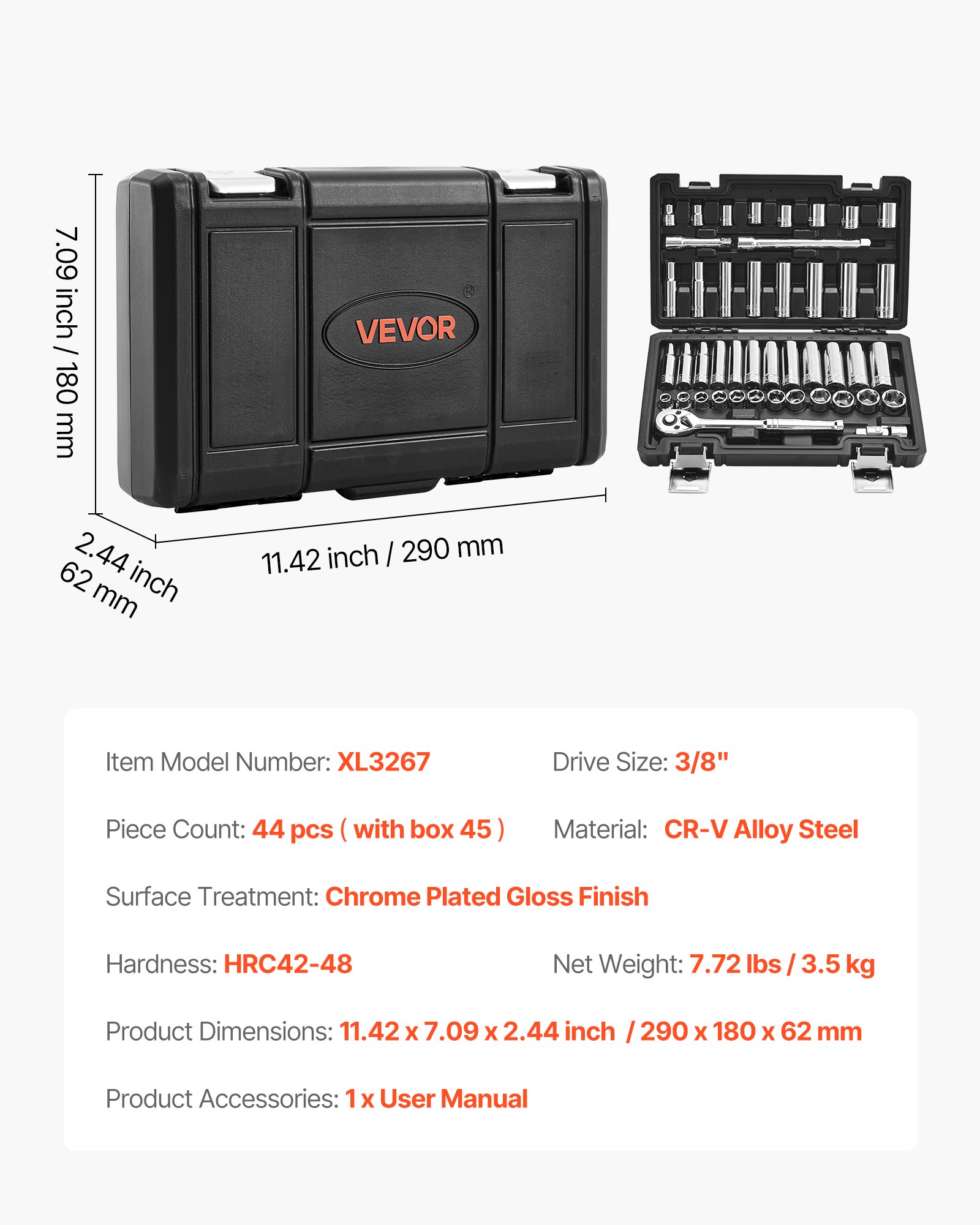 VEVOR 44-delige 9,5 mm aandrijfsleutel- en ratelset, SAE en metrisch, diep en ondiep, met opbergkoffer voor accessoires, CR-V-gelegeerd staal, voor autoreparatie