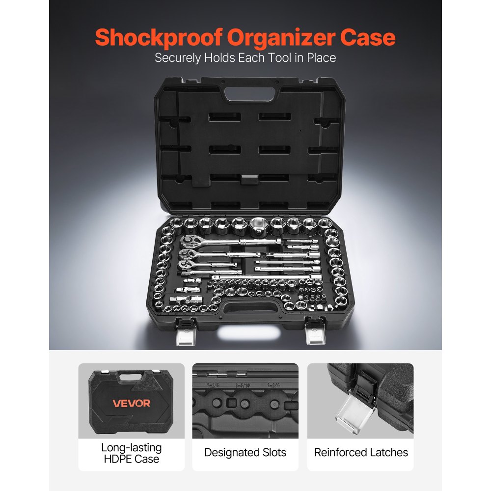 VEVOR 86-delige dopsleutelset, 9,5/6,4/12,7 mm aandrijfdoppen & ratelset, SAE en metrisch, gereedschapsset met ratelsleutel, accessoires en opbergkoffer, CR-V-gelegeerd staal